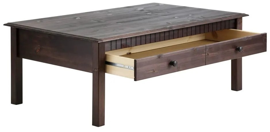 Ciemnobrązowy stolik z litego drewna sosnowego z 2 szufladami Støraa Linda