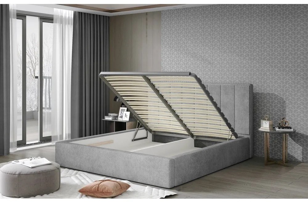 Ciemnoszare tapicerowane łóżko dwuosobowe ze schowkiem ze stelażem 140x200 cm Audrey – ELTAP