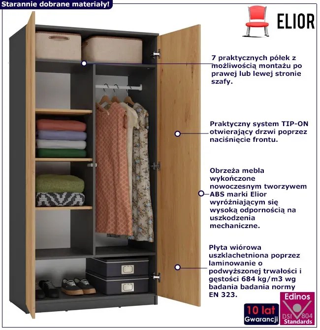 Szafa ubraniowa z półkami i drążkiem dąb artisan + antracyt K6-M50