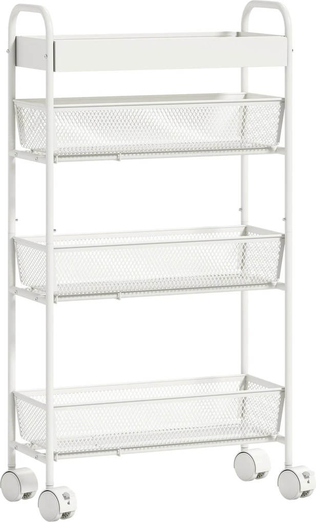 HOMCOM Wózek kuchenny metalowy, 3 kosze, wąski design, 4 koła, do kuchni, salonu, łazienki, biały