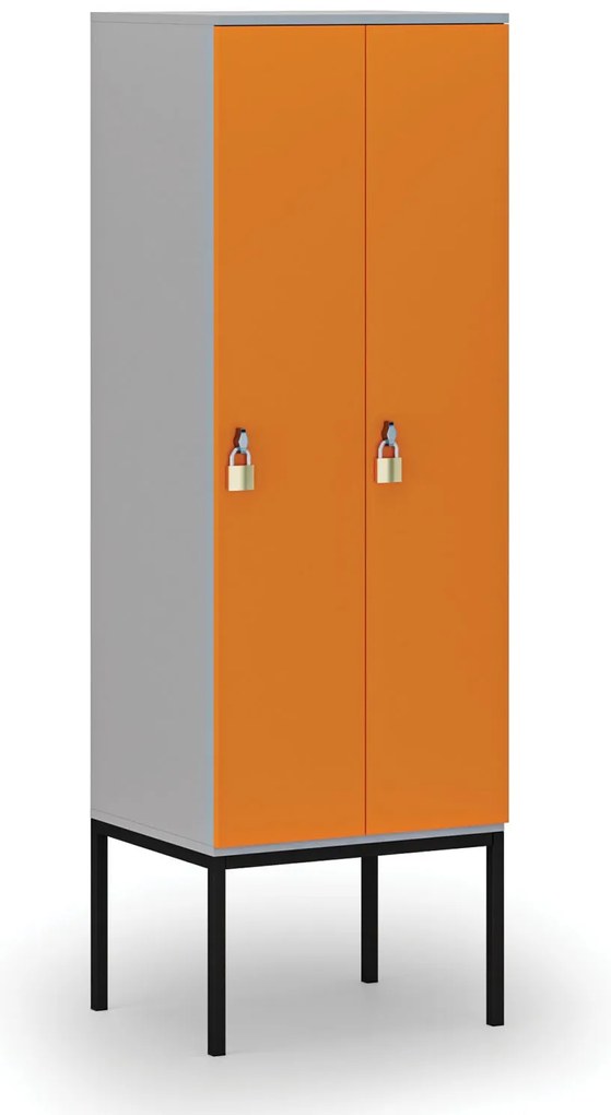 Drewniana szafa ubraniowa S4 z podstawą, 2-drzwiowa, 1871 x 600 x 500 mm, demontaż, zamek obrotowy, szary/pomarańczowy