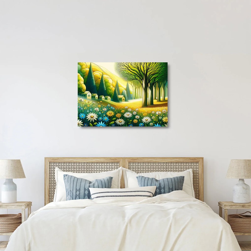 Obraz na szkle - Wieś w żółto-zielonym (70x50 cm)