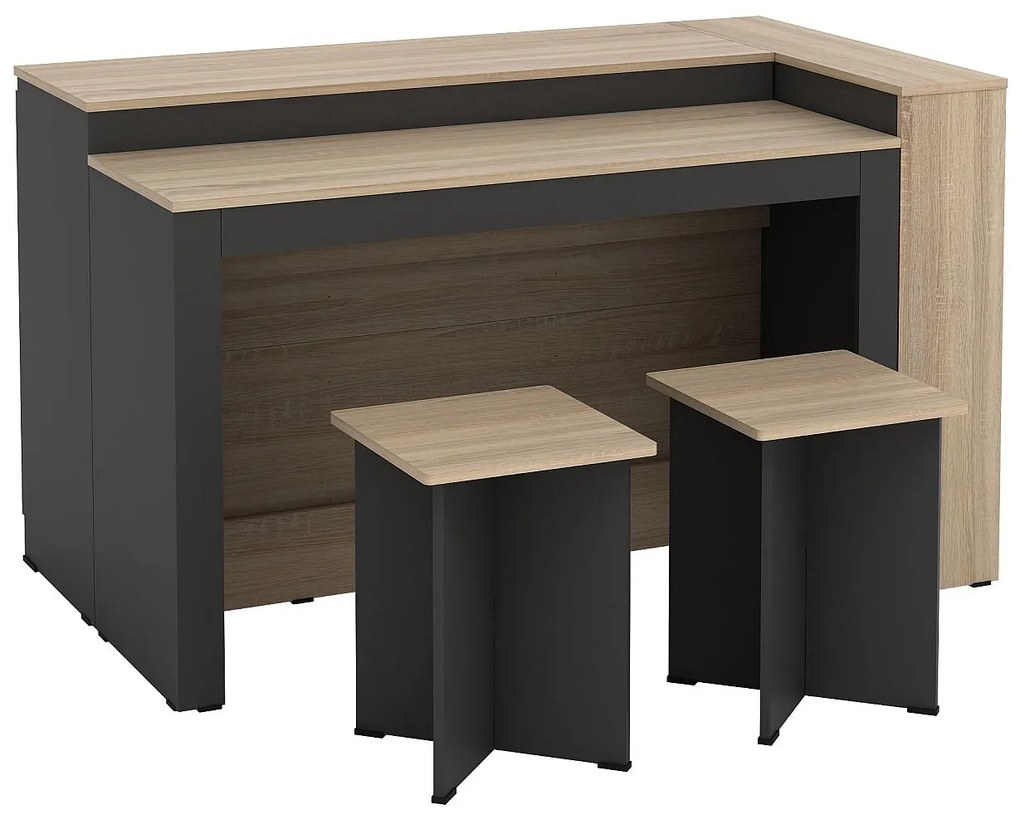 Zestaw wyspa kuchenna + 2 stołki barowe - Czarny i naturalny jasny - NUSICE