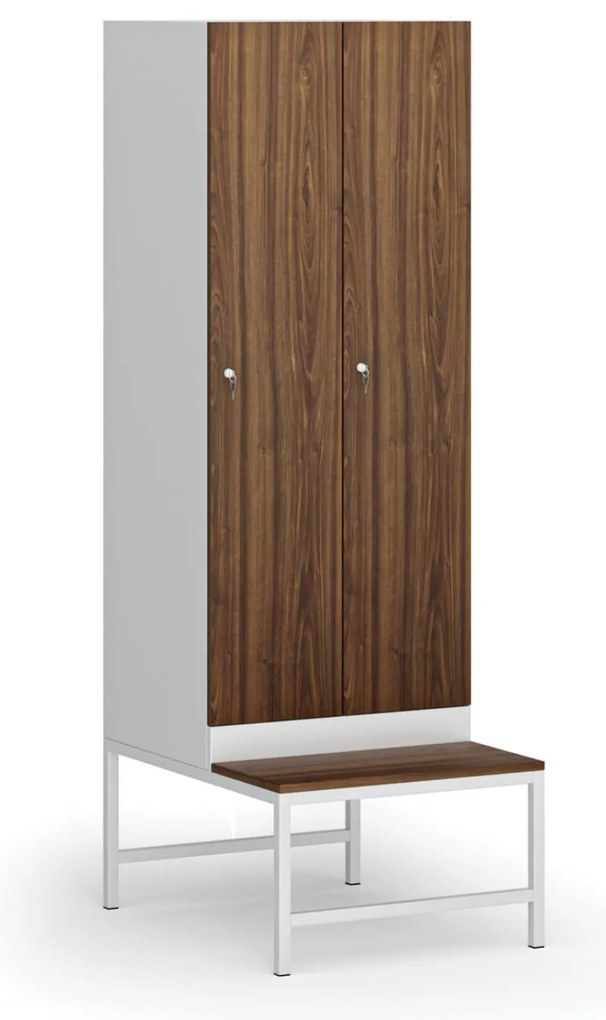 Szafka ubraniowa z ławką, 2-drzwiowa, 1875 x 600 x 500/800 mm, demontaż, zamek cylindryczny, drzwi laminowane, orzech