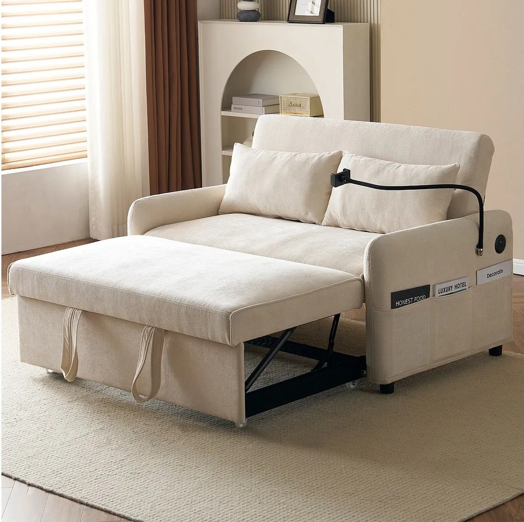 Beżowa sofa z uchwytem na telefon i kieszenią do przechowywania - regulowane oparcie - do salonu i sypialni