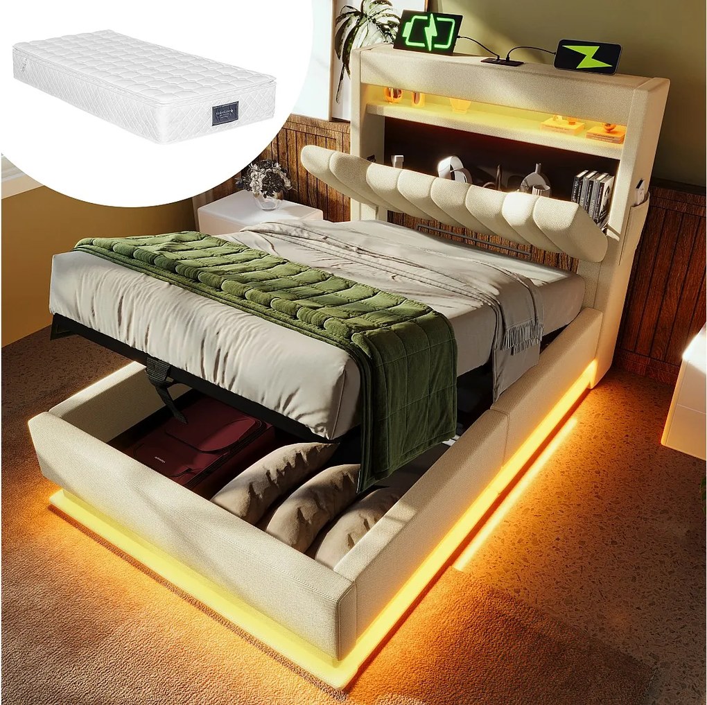 Łóżko tapicerowane ze schowkiem - 90 x 200 cm - zagłówek ze schowkiem z USB i Type-C - z diodami LED - z materacem - len - beż