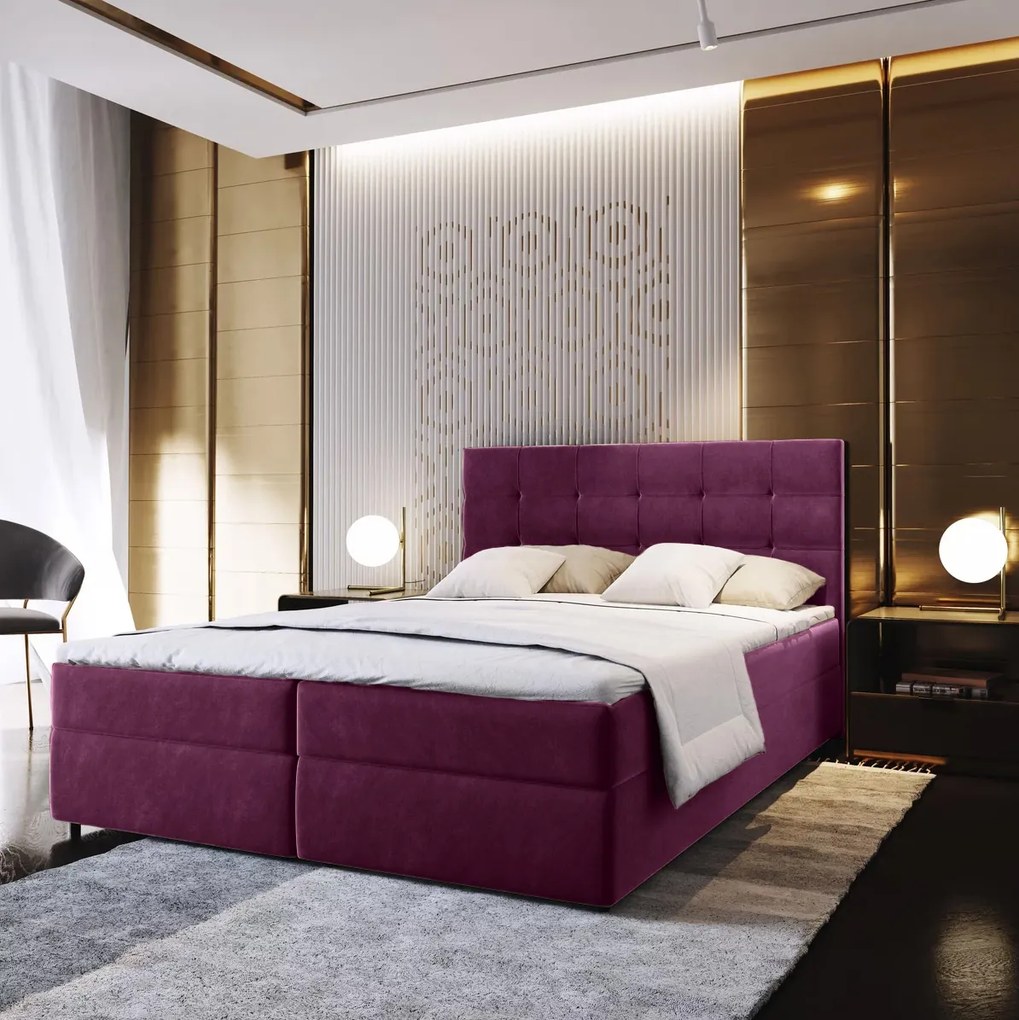 Wyprzedaż Łóżko tapicerowane boxspring GLORIEN 140x200 cm purpurowe II. jakość