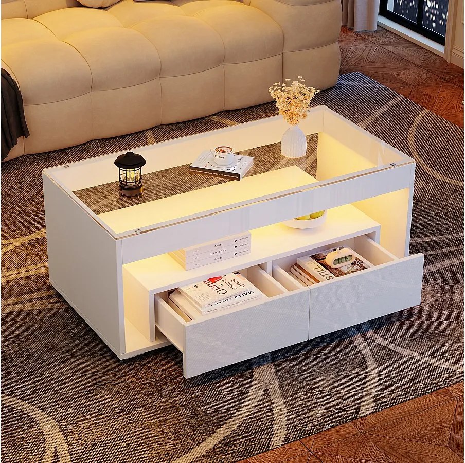 Nowoczesny stolik kawowy z diodami LED + 2 szuflady - 100 x 50 x 40 cm - stolik kawowy do salonu ze szkła błyszczącego - płyta wiórowa - biały