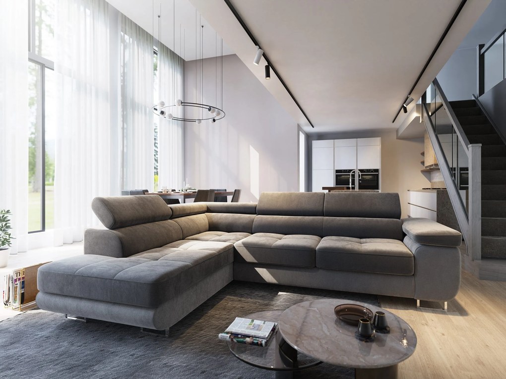 Masseno Narożnik SELVA z Funkcją Spania i Pojemnikiem na Pościel Narożnik L Rozkładana sofa - Szary MONOLITH 85 + MONOLITH 84