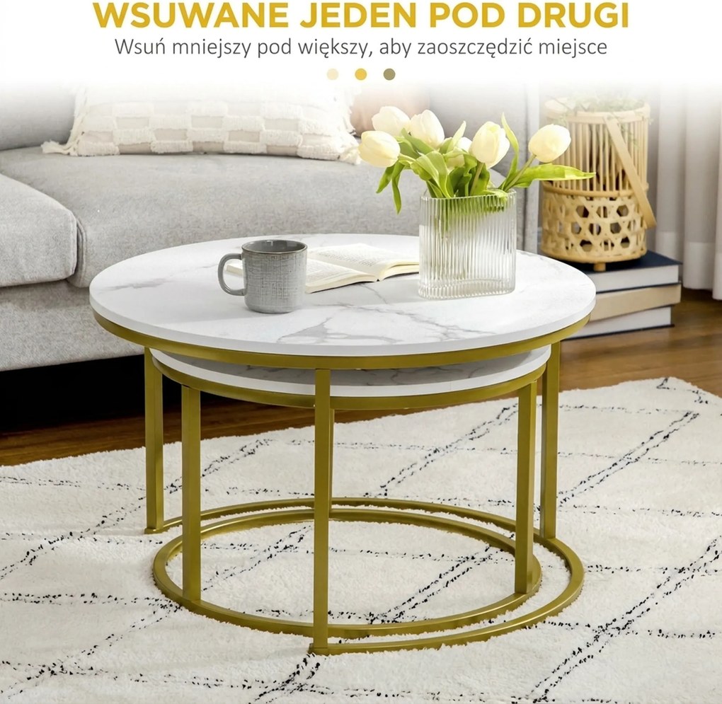HOMCOM Zestaw Stolików Pomocniczych, 2 Stoliki, Ø74 & Ø59 cm, Wygląd Marmuru, Rama w Kolorze Złota
