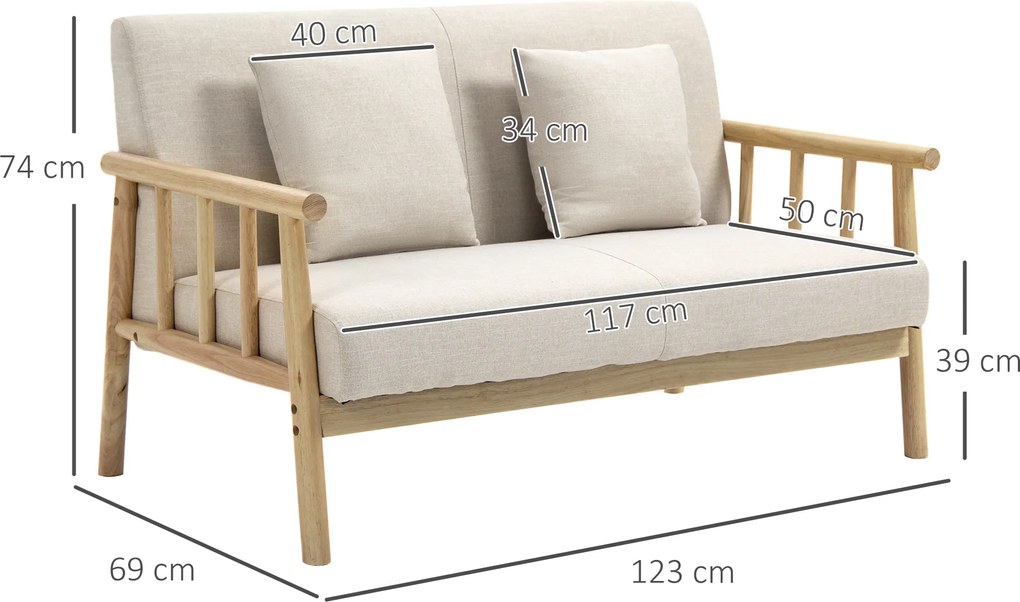 HOMCOM Sofa 2-osobowa, Tapicerka w wyglądzie lnu, Kompaktowa, do 200 kg, Rama drewniana, 123Dł x 69Szer x 74Wys cm, Beżowa