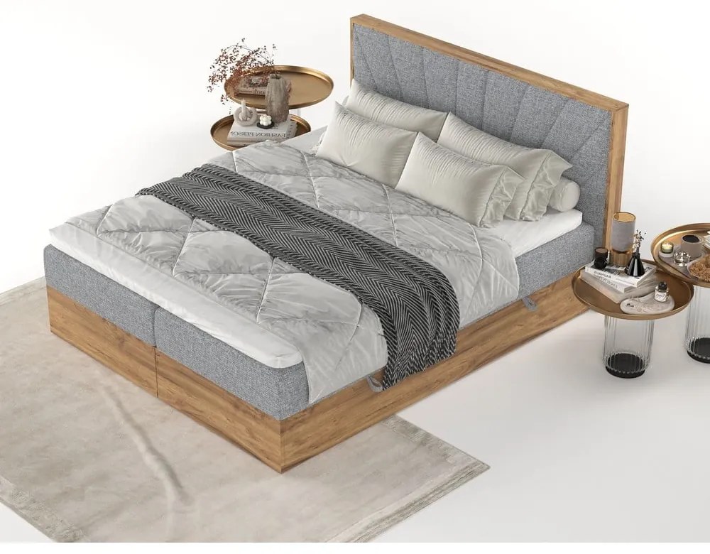 Szaro-naturalne łóżko boxspring ze schowkiem 140x200 cm Asahi – Maison de Rêve