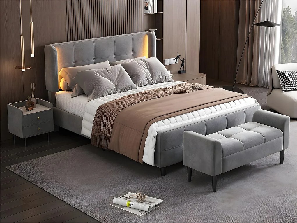 Łóżko podwójne tapicerowane welurem - 140x200 cm - z taśmą LED w 16 kolorach - regulowane wezgłowie - Szare