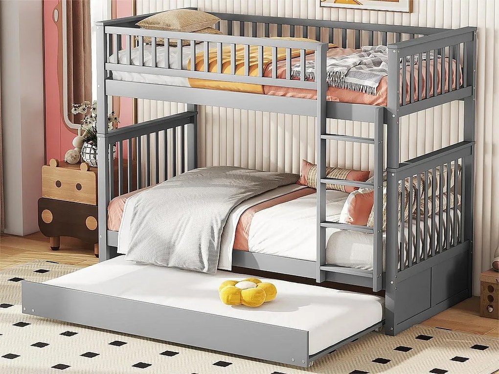 Łóżko piętrowe 2x90x200cm z łóżkiem wysuwanym 90x190cm - z barierką i schodami - Szary