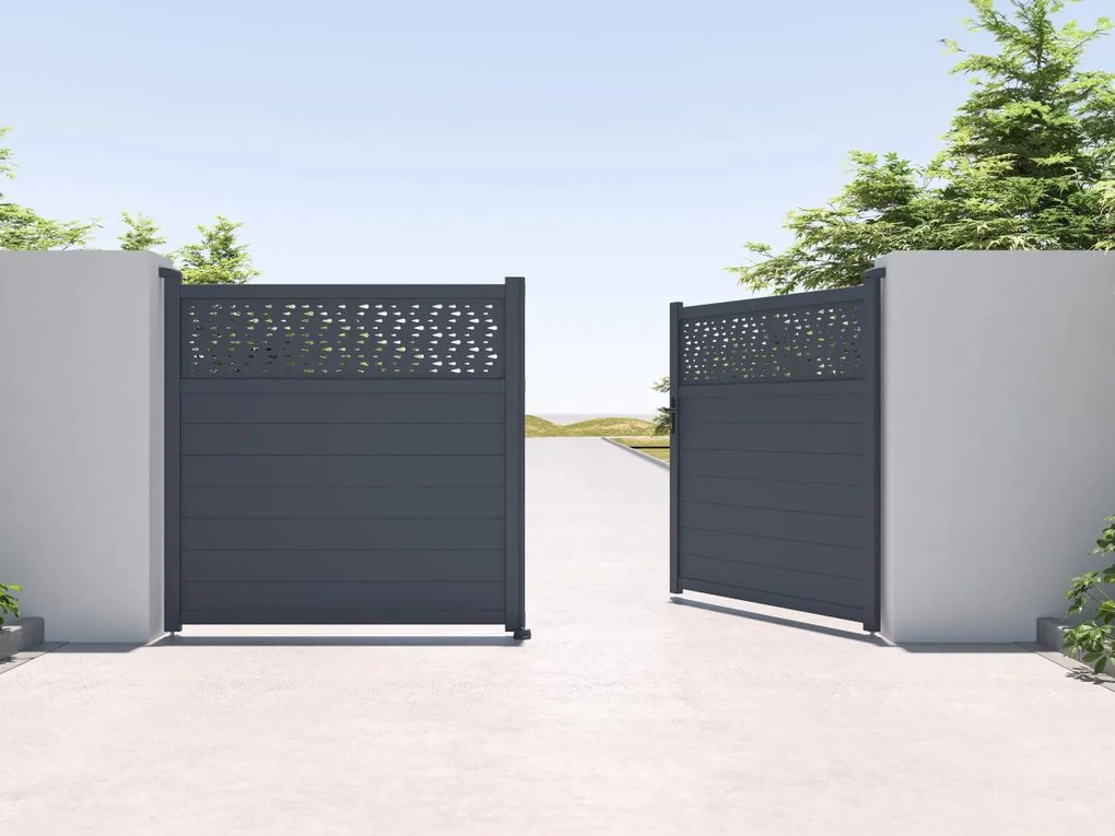 Brama elektryczna rozwierna półpełna z antracytowego aluminium z wzorem szer. 355 x wys. 182 cm - BAZIO