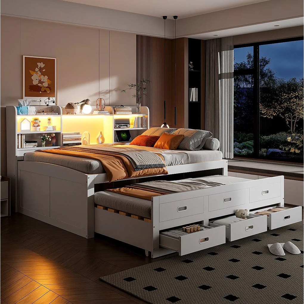 Rozkładana sofa - 140 x 200 cm + 90 x 190 cm - z diodami LED + 3 szuflady + stolik nocny + USB + Typ C - płyta wiórowa + MDF - biała