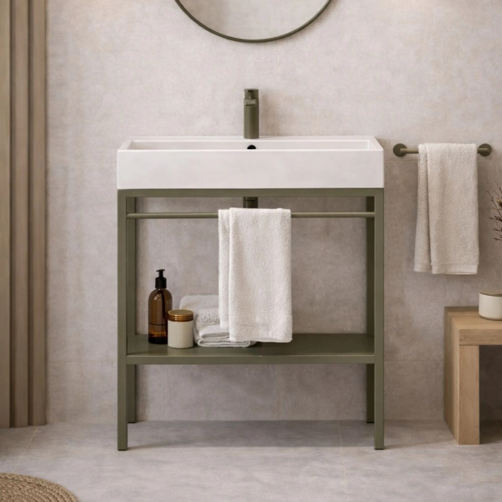 Zestaw umywalka z konglomeratu NAVI 100 x 45 cm + stojąca konsola NAVI Step | Różne kolory | Różne rozmiary : Kolor - Oliwkowy, Otwory na baterię - Bez otworów, Rozmiar - 100 x 45 cm