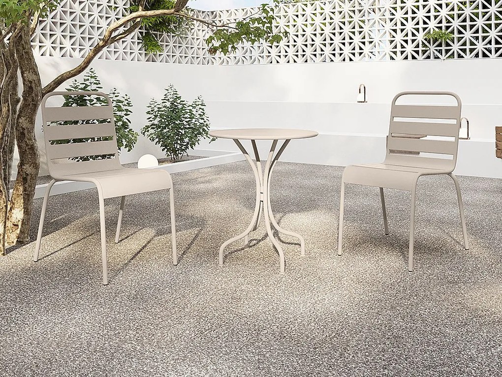 Zestaw mebli jadalnianych ogrodowych z metalu - stolik o śr. 60 cm i 2 sztaplowane krzesła - Beżowy - MIRMANDE marki MYLIA