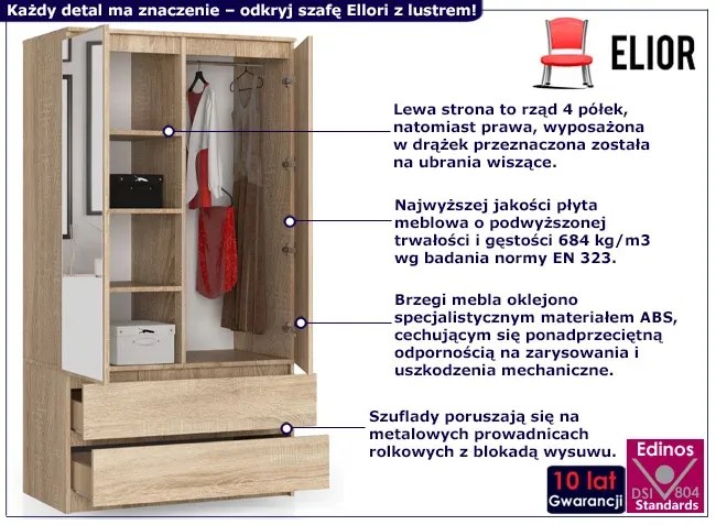 Szafa na ubrania z drążkiem i półkami dąb sonoma - Scando