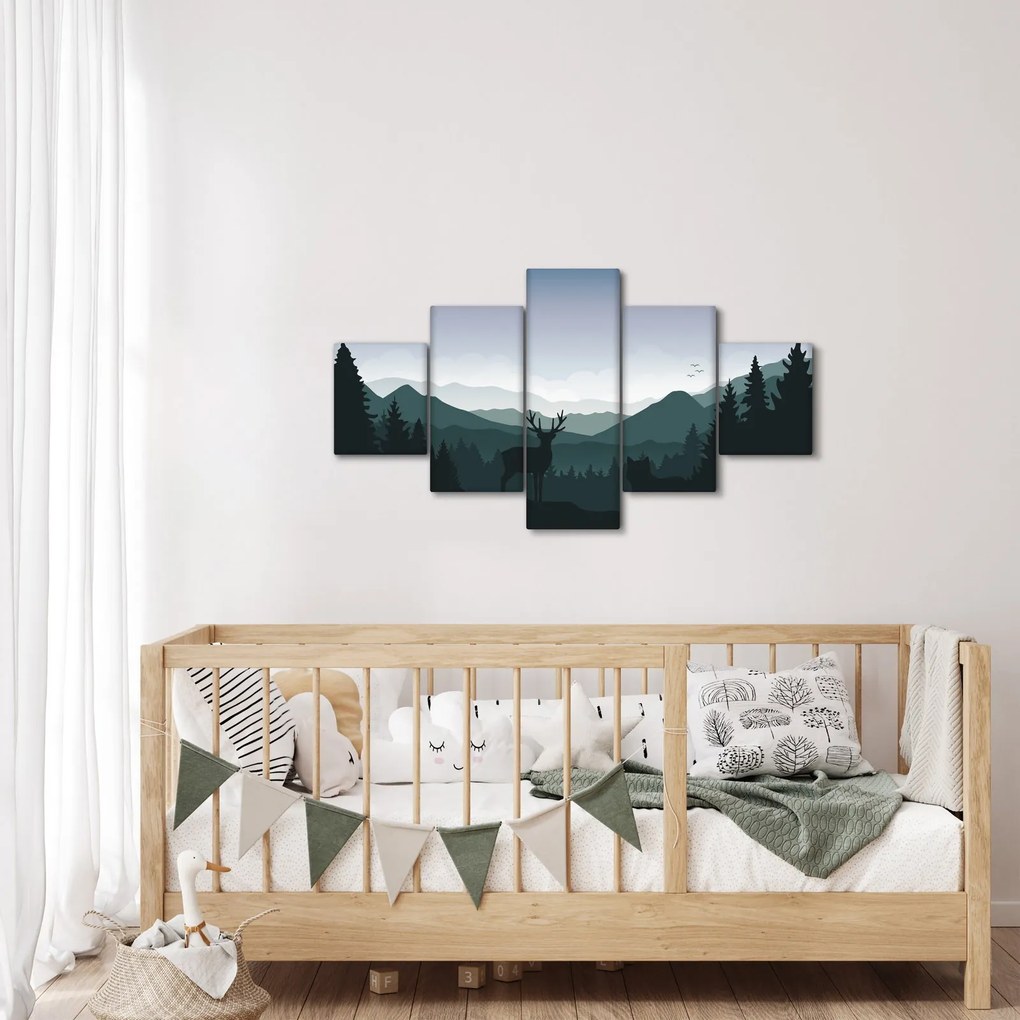 Obraz - Jeleń z wilkiem w skałach (125x70 cm)