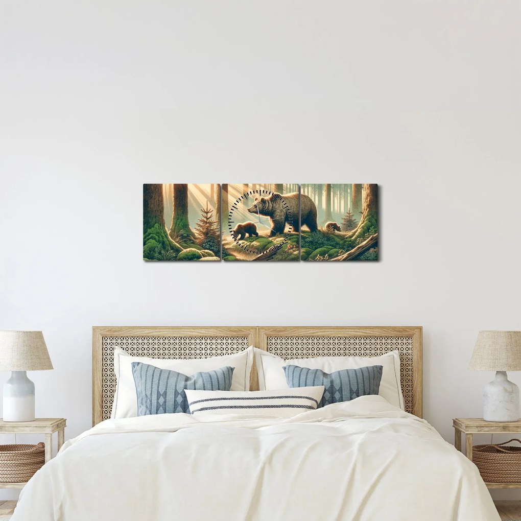 Obraz - Niedźwiedzie w lesie (z zegarem) (90x30 cm)