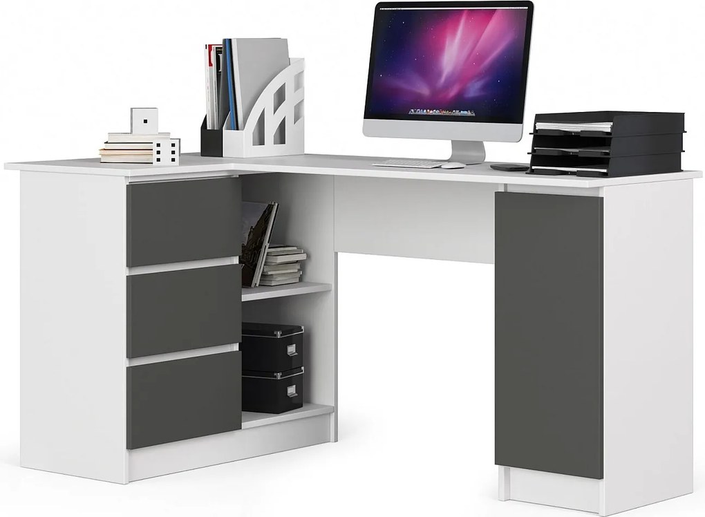 Biurko narożne AKORD B20 Białe 155 cm lewe 1 drzwi 3 szuflady kolor Grafit Szary mat 4 półki 155x85x77 cm