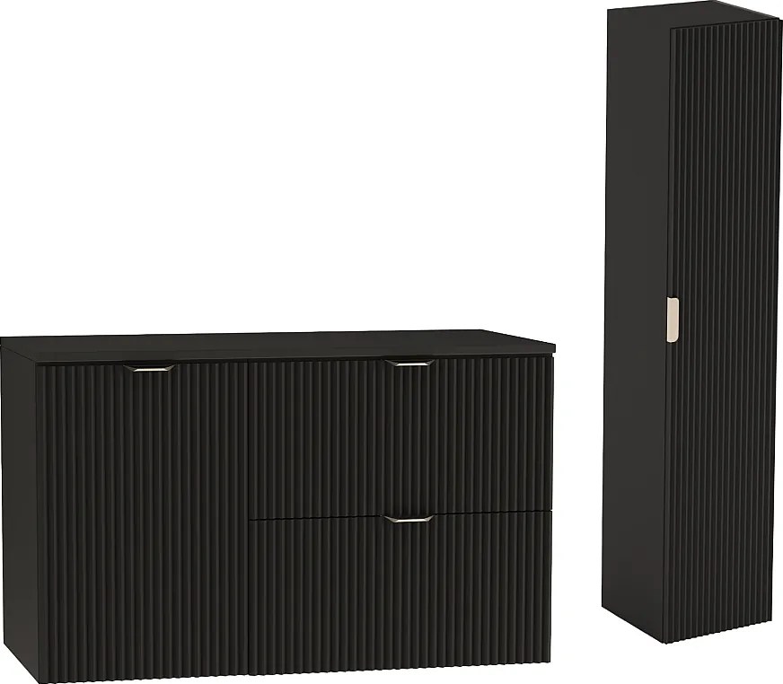 Czarny Zestaw do Łazienki 100cm Szafka Blat Czarny Szafka z Koszem Słupek Ryflowane Fronty