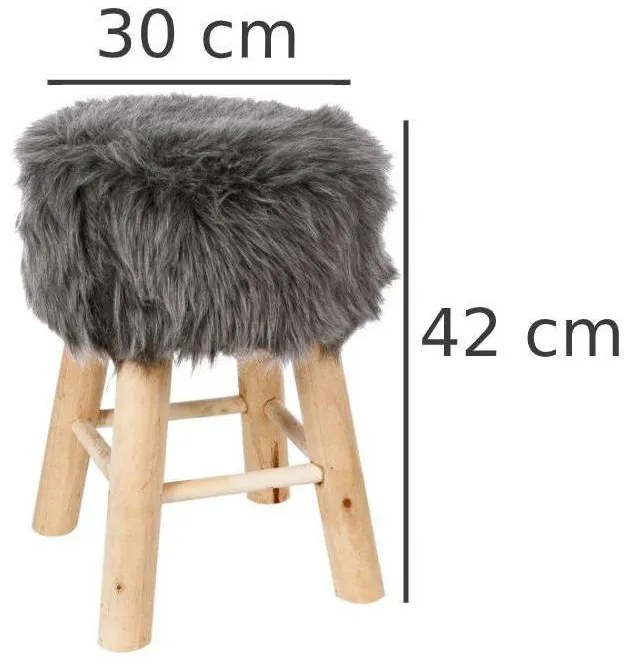 Taboret do siedzenia, niewielki stołek z gustownym obiciem futrzanym, mały podnóżek o uniwersalnym zastosowaniu.