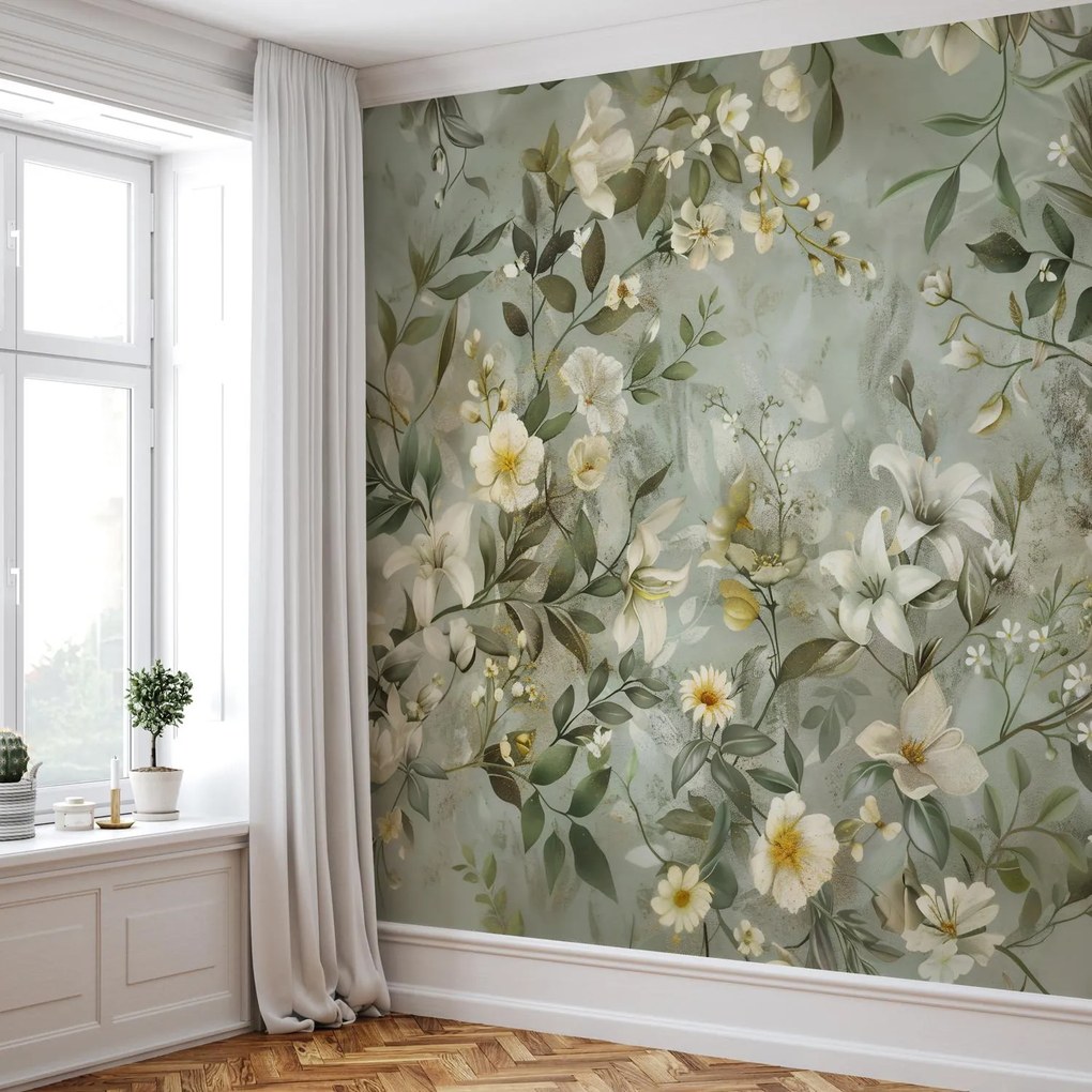 Fototapeta - Oliwkowo-zielone kwiaty (196x136 cm)