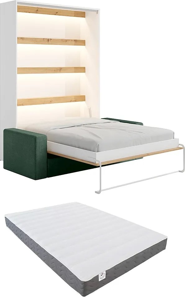 Łóżko chowane w szafie 160 x 200 cm - Ręczne otwieranie pionowe - Z oświetleniem LED - Białe i naturalne + kanapa Zielona + Materac - RAPILI
