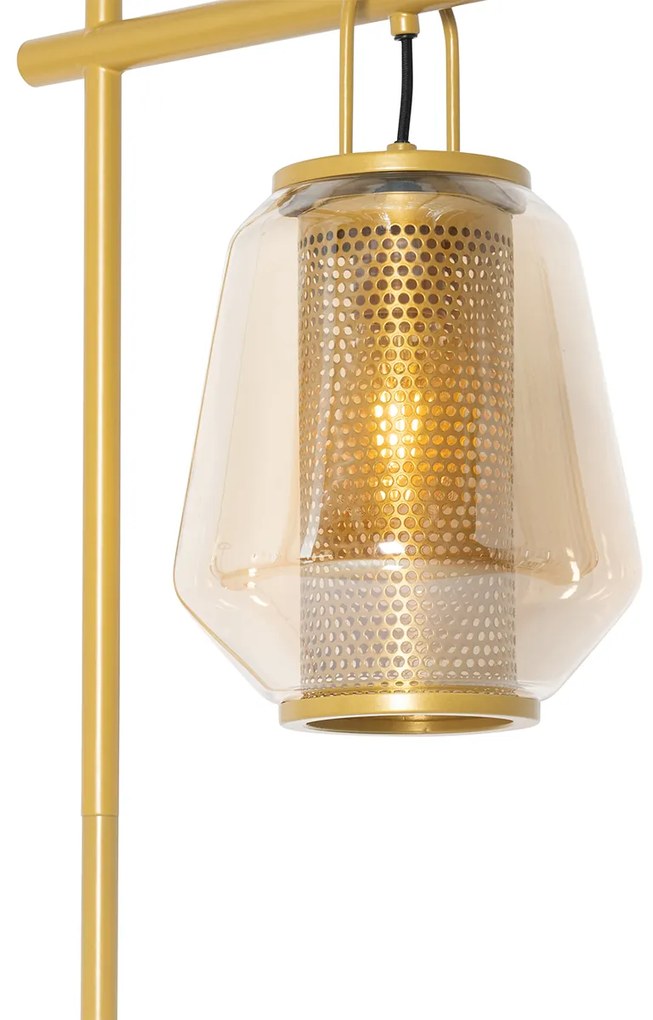 Złota lampa podłogowa art deco z bursztynowym szkłem - Kevin ArtDeco Oswietlenie wewnetrzne