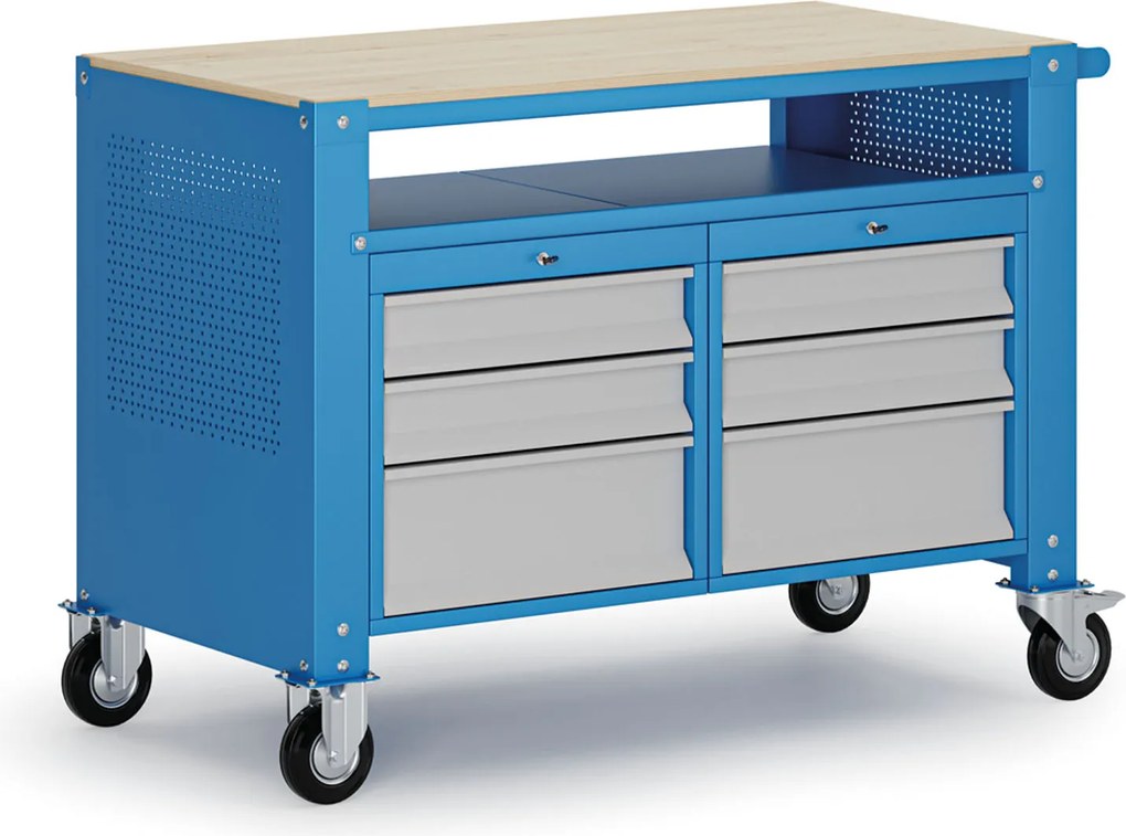 Mobilny stół warsztatowy G9, 1 półka, 6 szuflad, 1180 x 595 x 865-1130 mm, szary/niebieski