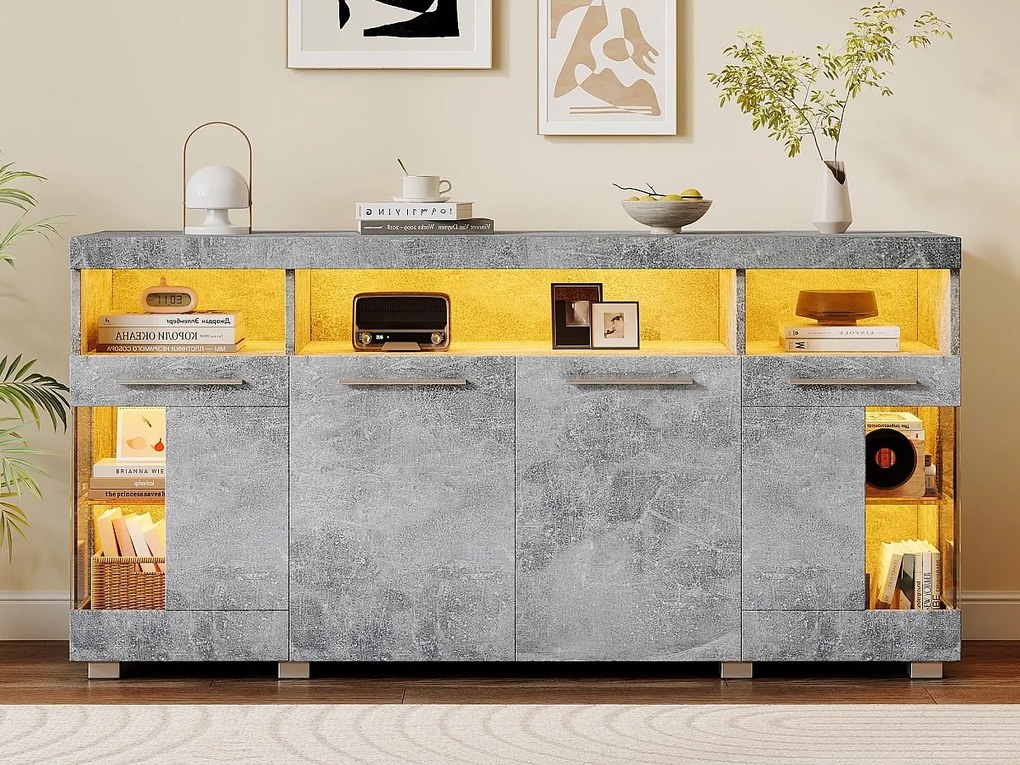 Nowoczesny bufet LED - 4 drzwi i 9 przegródek do przechowywania - MDF + przezroczyste szkło hartowane - Szary