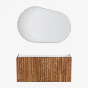 Zestaw Wiszących Mebli Łazienkowych 120x50 Cm Z Drewna Zintegrowany Z Umywalką Fiore Popielaty Brąz & Owalna Lampa Led - Sklum