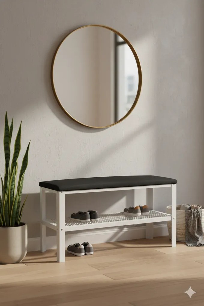 Industrialna pufa do przedpokoju z półką na buty biały + czarny T6-M17