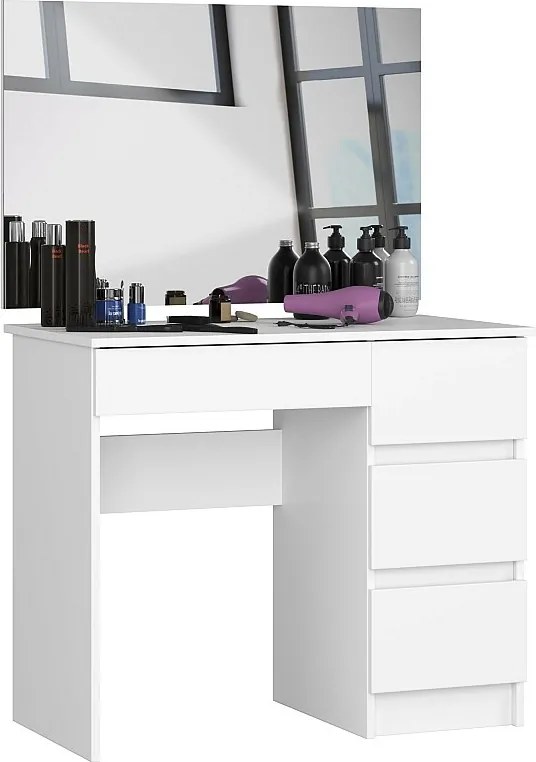 Toaletka AKORD T6 Biała 90 cm z lustrem 900x600 prawa 4 szuflady kolor Biały mat 90x50x142 cm