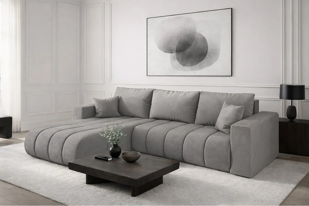 Narożnik z funkcją spania i pojemnikiem MILO PREMIUM, tkanina Monolith, Jasnoszary, Lewy