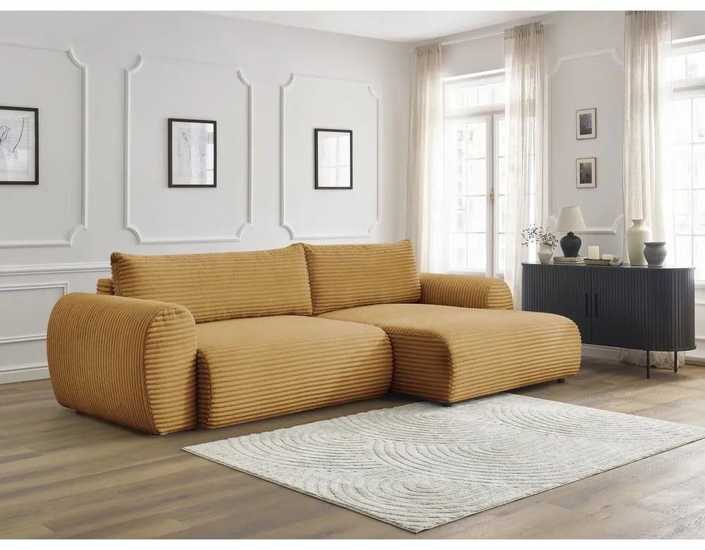 Musztardowy sztruksowy rozkładany narożnik (prawostronny) Lucien – Bobochic Paris
