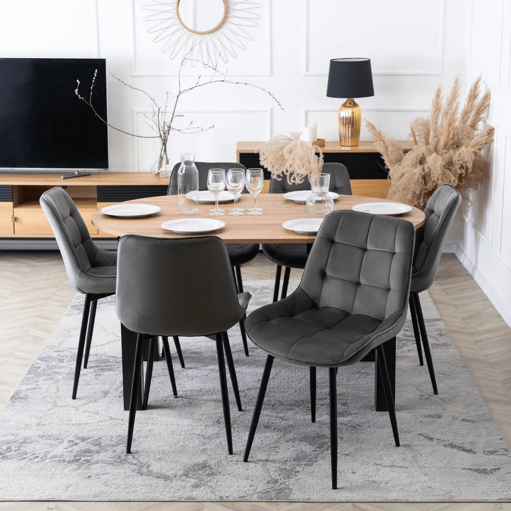 Zestaw Stół Okrągły Rozkładany HARRY 102-142 cm Dąb Craft/Czarny i 6 Krzeseł Tapicerowanych CHRIS Szare Nowoczesne