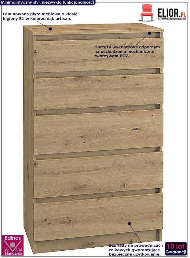 Klasyczna komoda z 5 szufladami dąb artisan C6-K90