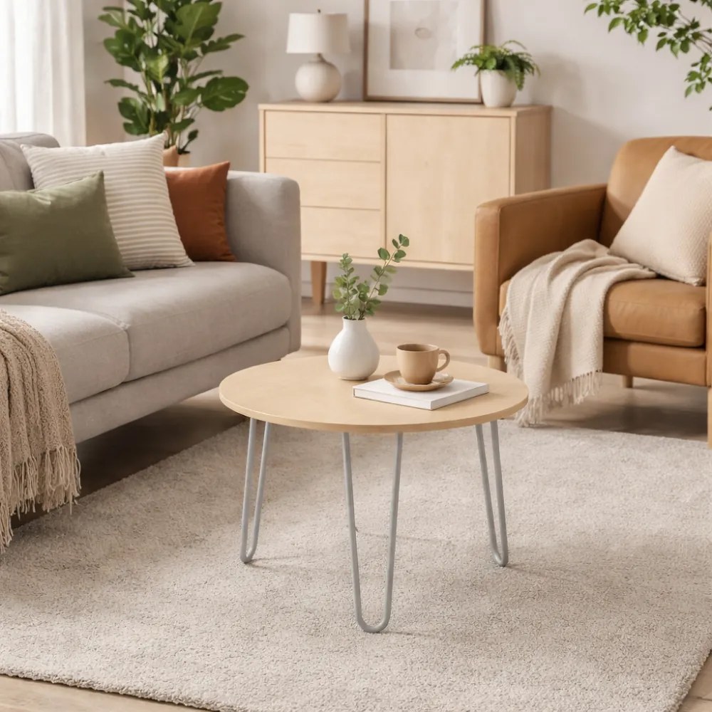 Okrągły stolik kawowy SPIDER, średnica 60 cm, szaro-srebrna podstawa, dąb naturalny