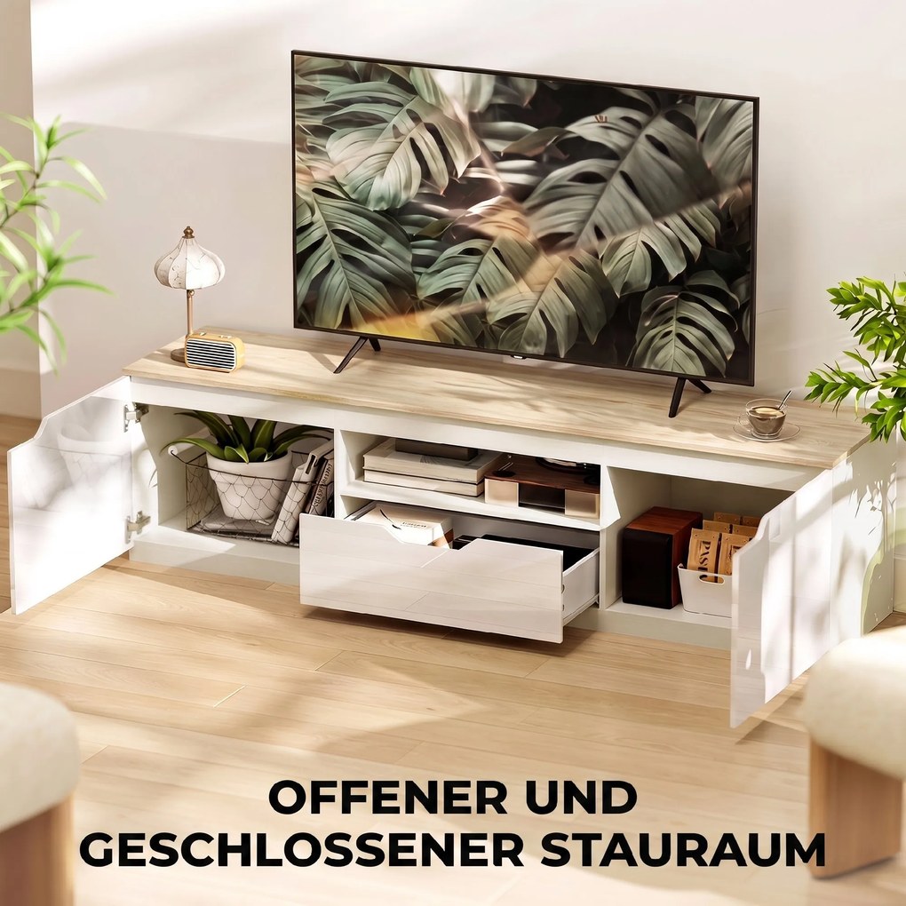 HOMCOM Lowboard TV, wysoki połysk, dla telewizorów do 165 cm, 3 schowki, szuflada, 160 x 38 x 43 cm, naturalne drewno | Aosom PL