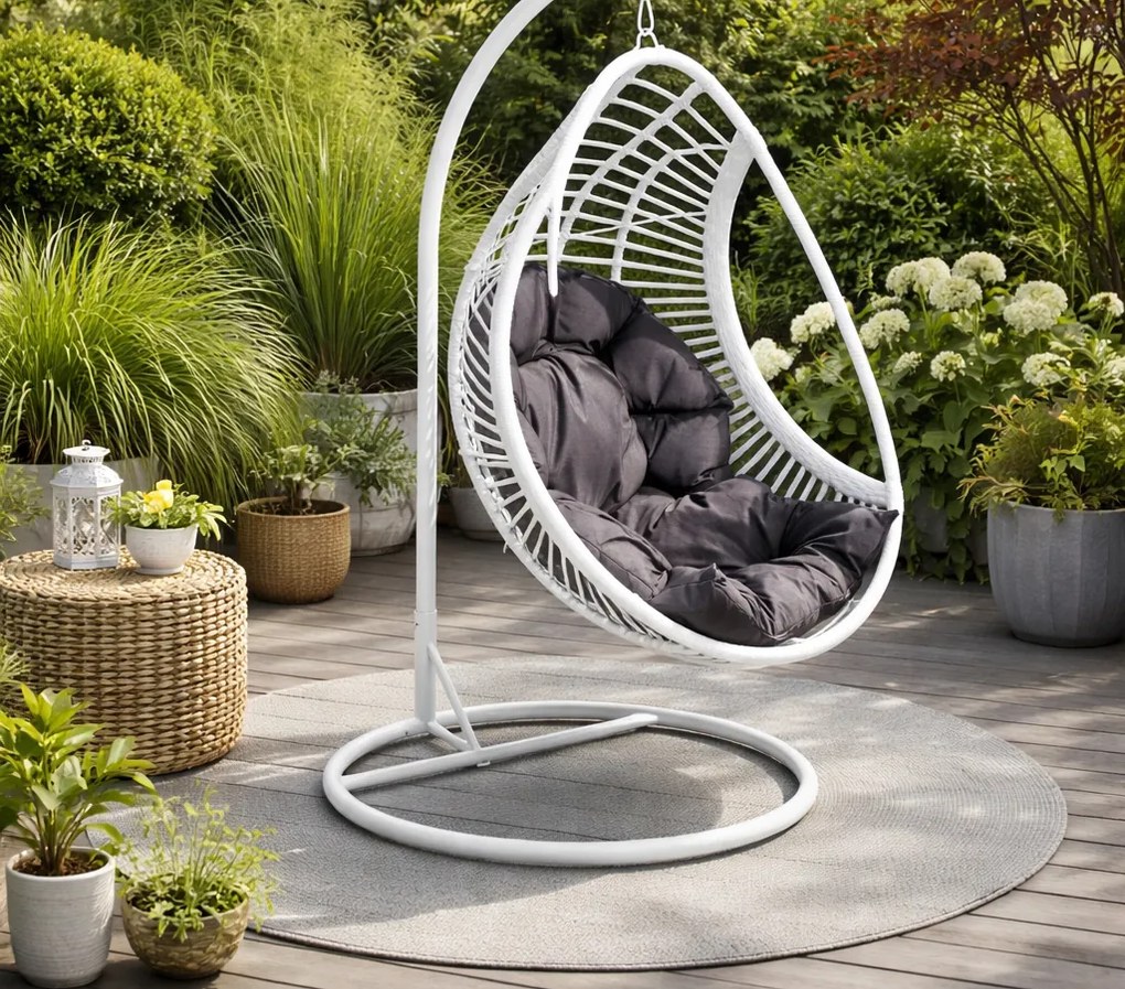 Biały kokon technorattanowy Bellissimo z szarą poduszką