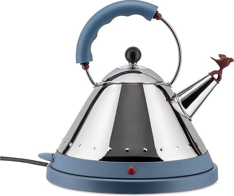 Elektryczny czajnik Alessi MG32 niebieskie niebo 1,5L stal nierdzewna z gwizdkiem w kształcie ptaszka i obrotową podstawą 360°