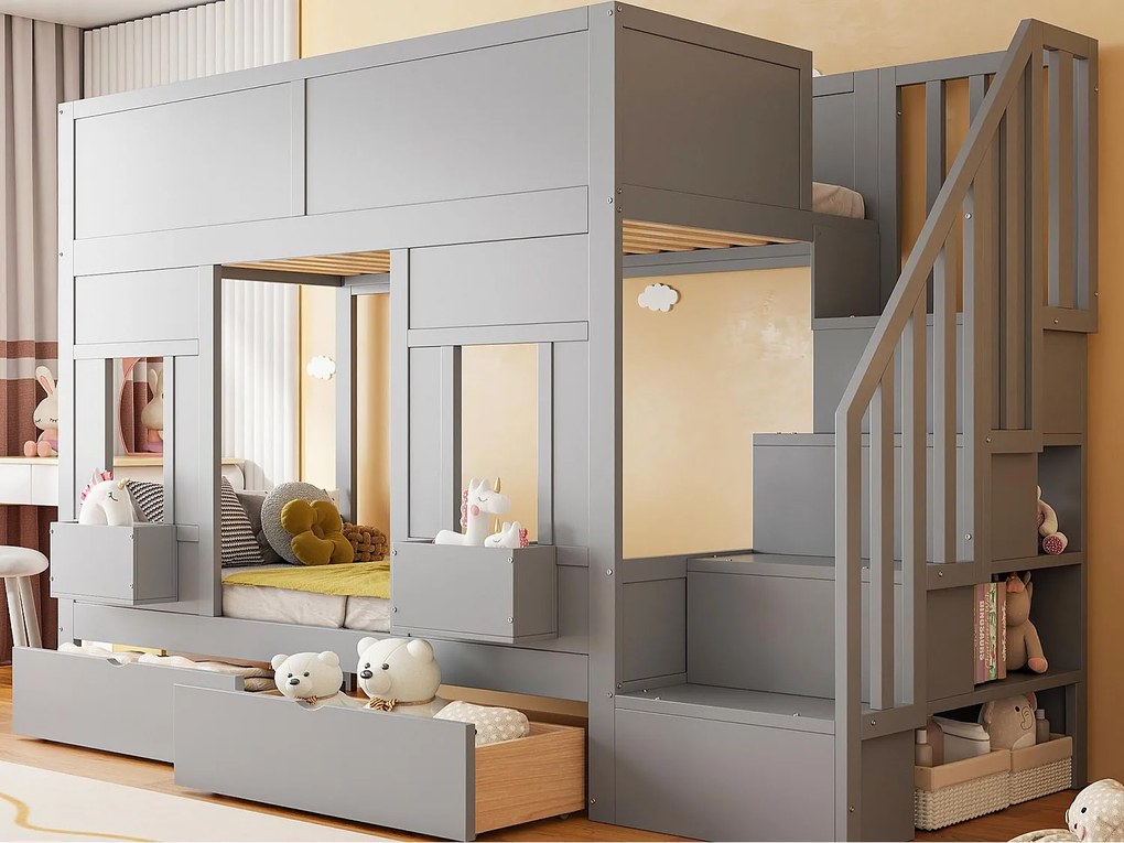 Łóżko piętrowe dziecięce 90 x 200 cm - z drabiną z pojemnikami - z 2 szufladami - z barierkami bezpieczeństwa - szary​ (materac nie jest wliczony w cenę)
