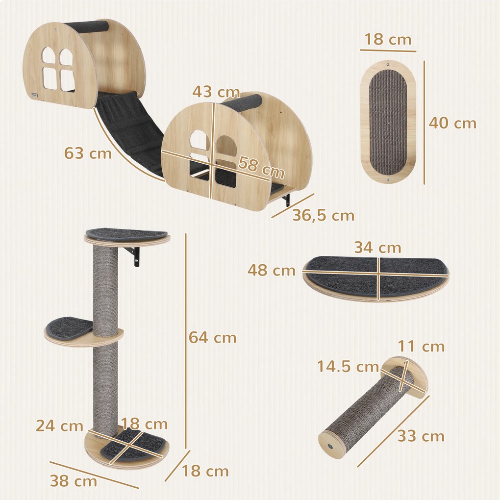 PawHut Zestaw Wspinaczkowy dla Kotów 7-elementowy z Drabinką z Sisalu, Platformą, Drapakiem Szary