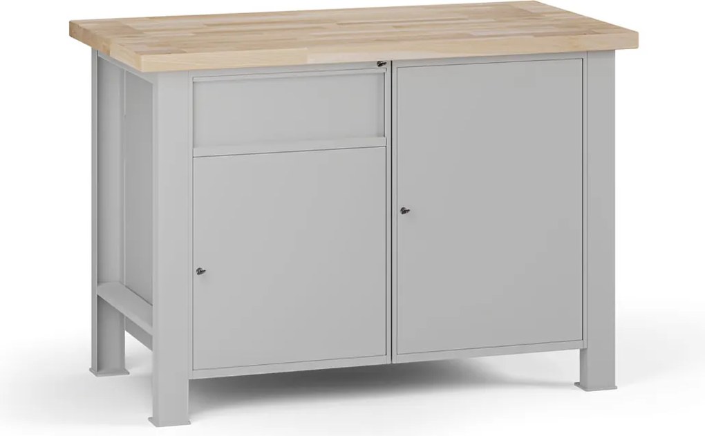 Stół warsztatowy G7, blat bukowy, 1200 x 685 x 840 mm, 2x szafka, 1x szuflada, szary