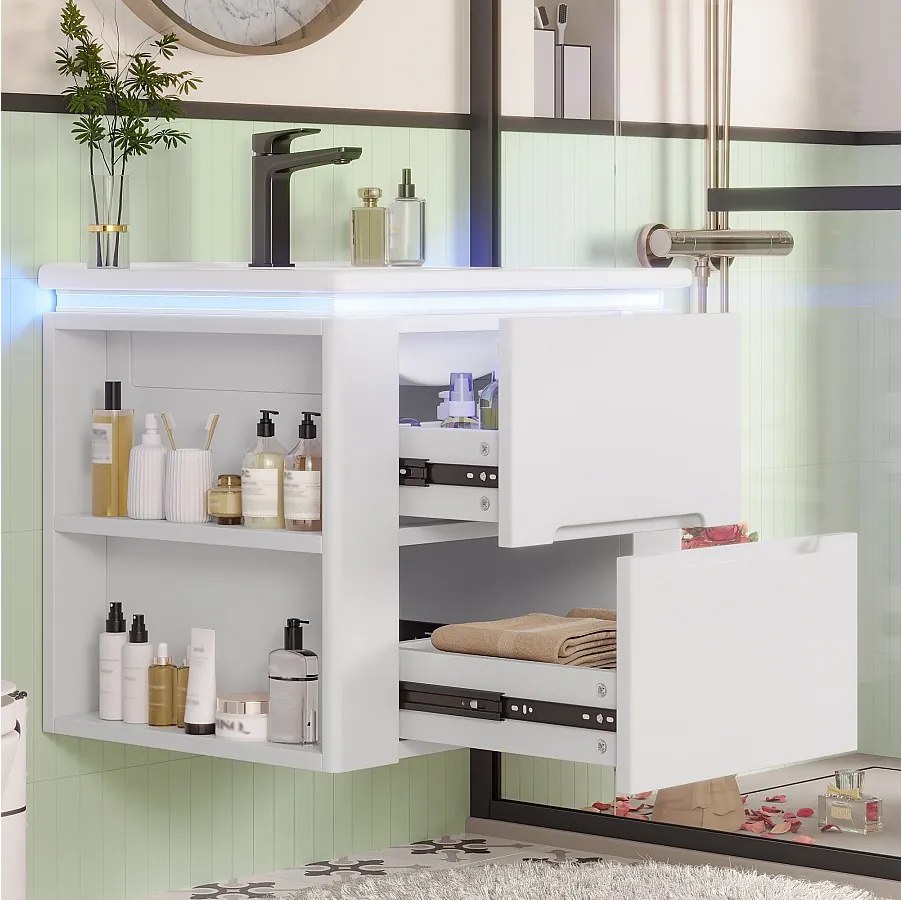 Pojedyncza umywalka wisząca - 60 x 46 x 48,5 cm - z diodami LED + 2 szuflady - umywalka zintegrowana - ceramika + MDF - biała (Brak baterii w zestawie)