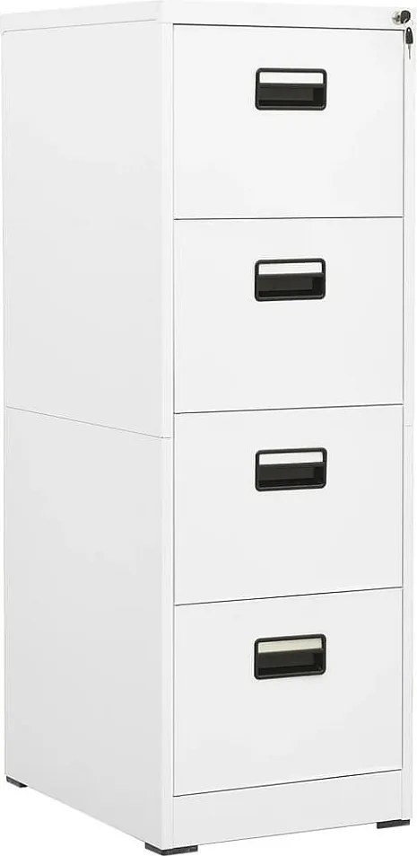 Biały stalowy segregator na teczki z 4 szufladami i zamkiem, kompatybilny z formatem A4 i legalnym, 46x62x133 cm, nowoczesny design