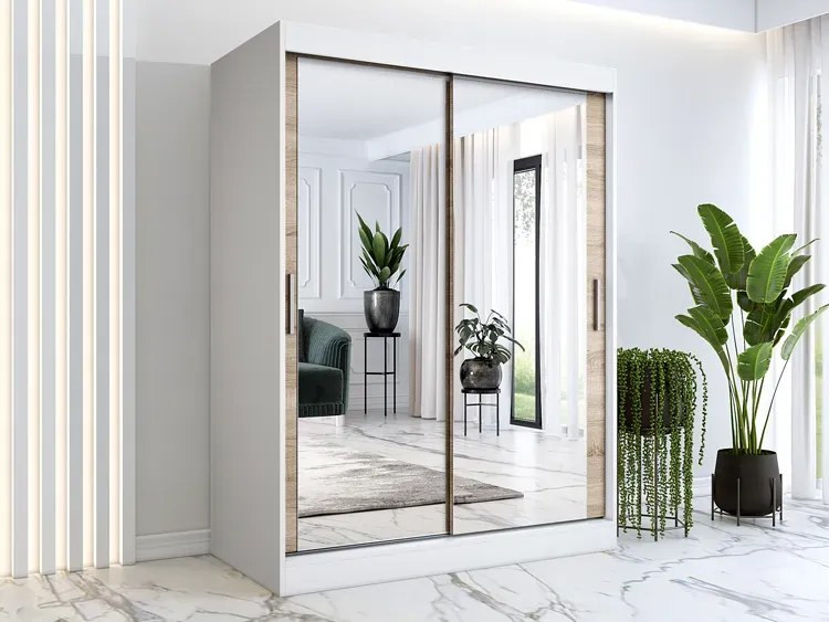 Szafa przesuwna z lustrem 150 cm biel + dąb sonoma - Kukkin 4X
